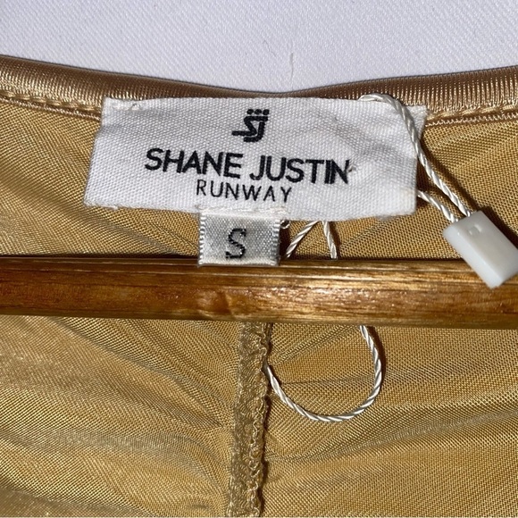 NWOT Shane Justin Runway Gold Ruched Longsleeve Stretchy Bodycon Midi Dress S - Picture 8 of 9